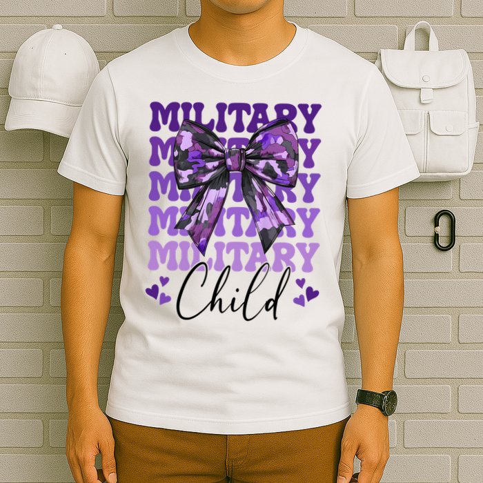 Military Child Coquette Bow Purple Up Camo T-Shirt