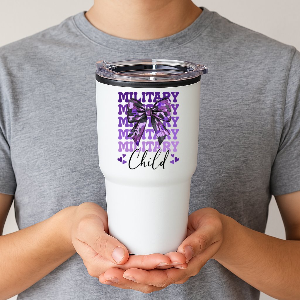 Military Child Coquette Bow Purple Up Camo Tumbler