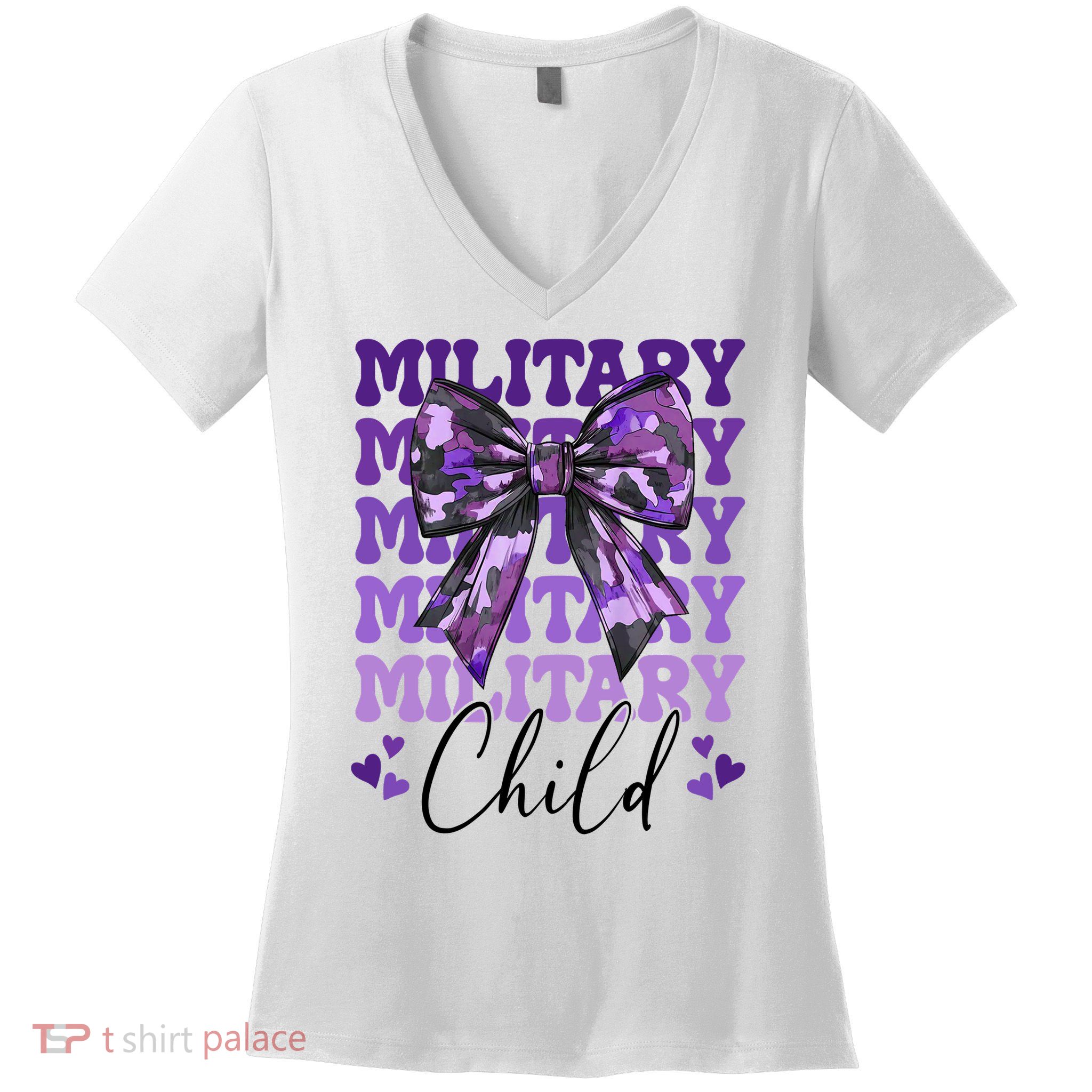 Military Child Coquette Bow Purple Up Camo Women's V-Neck T-Shirt