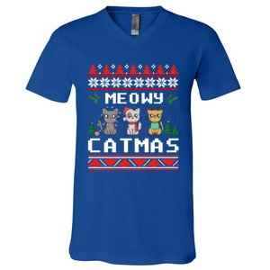 Meowy Catmas Cute Cats Funny Christmas Xmas Ugly Style Gift V-Neck T-Shirt