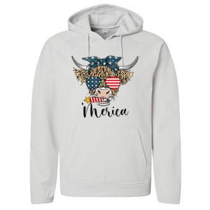 Merica Cow Cute Highland Cow With Bandana USA Fourth Of July Performance Fleece Hoodie