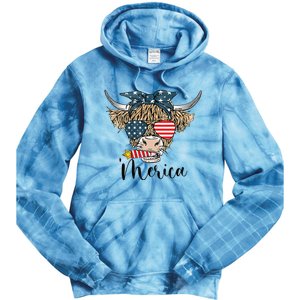 Merica Cow Cute Highland Cow With Bandana USA Fourth Of July Tie Dye Hoodie