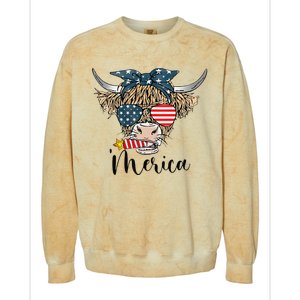 Merica Cow Cute Highland Cow With Bandana USA Fourth Of July Colorblast Crewneck Sweatshirt