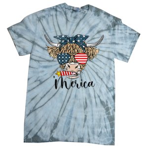 Merica Cow Cute Highland Cow With Bandana USA Fourth Of July Tie-Dye T-Shirt