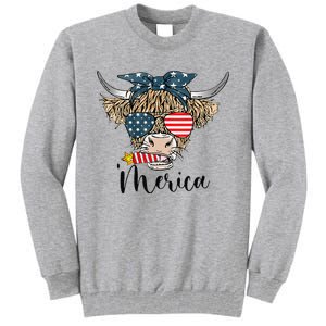 Merica Cow Cute Highland Cow With Bandana USA Fourth Of July Tall Sweatshirt