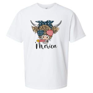 Merica Cow Cute Highland Cow With Bandana USA Fourth Of July Sueded Cloud Jersey T-Shirt