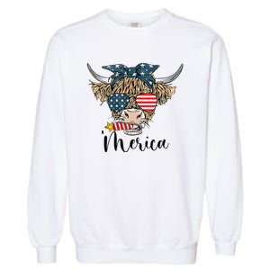 Merica Cow Cute Highland Cow With Bandana USA Fourth Of July Garment-Dyed Sweatshirt