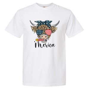 Merica Cow Cute Highland Cow With Bandana USA Fourth Of July Garment-Dyed Heavyweight T-Shirt