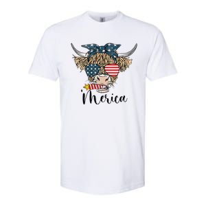 Merica Cow Cute Highland Cow With Bandana USA Fourth Of July Softstyle CVC T-Shirt