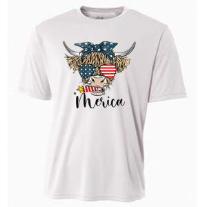 Merica Cow Cute Highland Cow With Bandana USA Fourth Of July Cooling Performance Crew T-Shirt