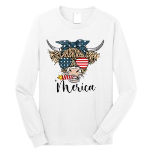 Merica Cow Cute Highland Cow With Bandana USA Fourth Of July Long Sleeve Shirt