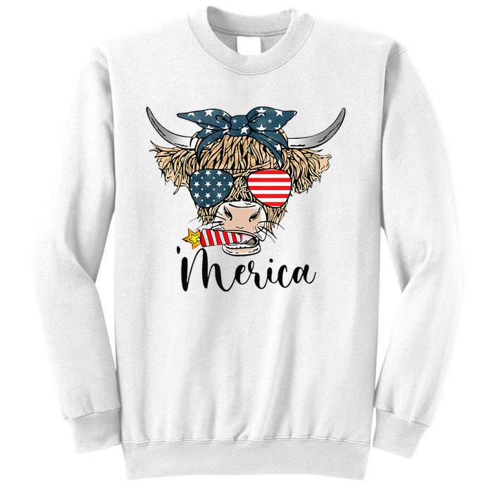 Merica Cow Cute Highland Cow With Bandana USA Fourth Of July Sweatshirt