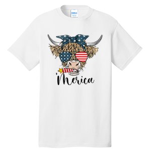 Merica Cow Cute Highland Cow With Bandana USA Fourth Of July Tall T-Shirt