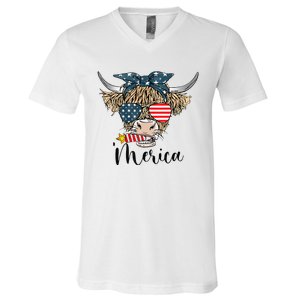 Merica Cow Cute Highland Cow With Bandana USA Fourth Of July V-Neck T-Shirt