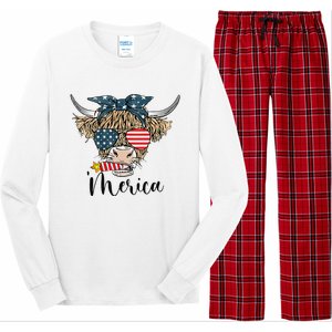 Merica Cow Cute Highland Cow With Bandana USA Fourth Of July Long Sleeve Pajama Set