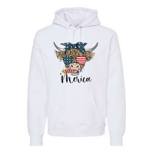 Merica Cow Cute Highland Cow With Bandana USA Fourth Of July Premium Hoodie