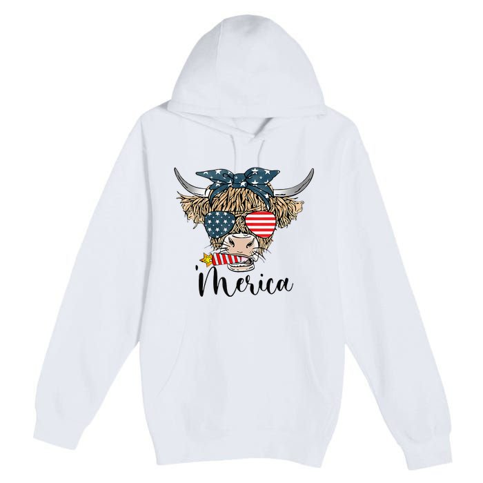 Merica Cow Cute Highland Cow With Bandana USA Fourth Of July Premium Pullover Hoodie