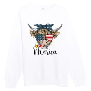 Merica Cow Cute Highland Cow With Bandana USA Fourth Of July Premium Crewneck Sweatshirt