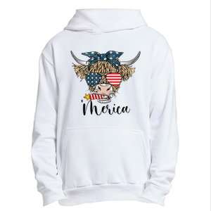 Merica Cow Cute Highland Cow With Bandana USA Fourth Of July Urban Pullover Hoodie