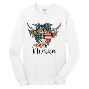 Merica Cow Cute Highland Cow With Bandana USA Fourth Of July Tall Long Sleeve T-Shirt