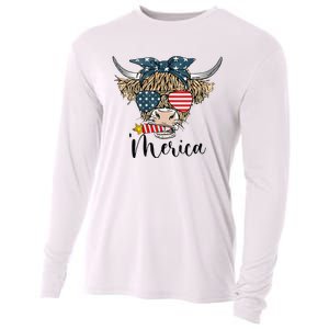 Merica Cow Cute Highland Cow With Bandana USA Fourth Of July Cooling Performance Long Sleeve Crew