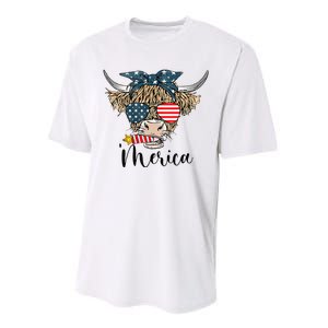 Merica Cow Cute Highland Cow With Bandana USA Fourth Of July Performance Sprint T-Shirt