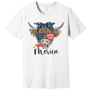 Merica Cow Cute Highland Cow With Bandana USA Fourth Of July Premium T-Shirt