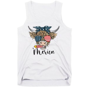 Merica Cow Cute Highland Cow With Bandana USA Fourth Of July Tank Top