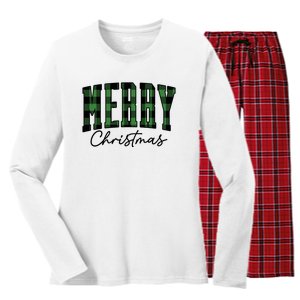 Merry Christmas Cool Green Plaid Women's Long Sleeve Flannel Pajama Set 