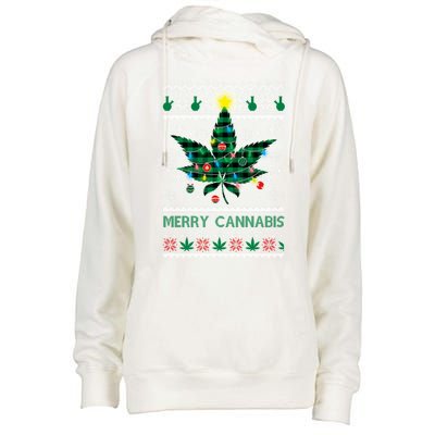 Merry Cannabis Christmas Tree Funny Weed Leaf Cannabis Xmas Cool Gift Womens Funnel Neck Pullover Hood