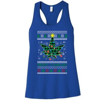 Merry Cannabis Christmas Tree Funny Weed Leaf Cannabis Xmas Cool Gift Women's Racerback Tank