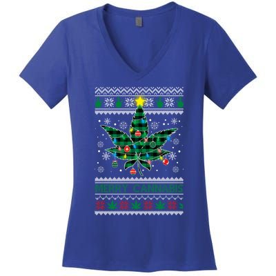 Merry Cannabis Christmas Tree Funny Weed Leaf Cannabis Xmas Cool Gift Women's V-Neck T-Shirt