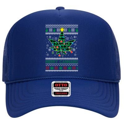 Merry Cannabis Christmas Tree Funny Weed Leaf Cannabis Xmas Cool Gift High Crown Mesh Back Trucker Hat