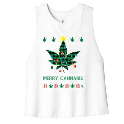 Merry Cannabis Christmas Tree Funny Weed Leaf Cannabis Xmas Cool Gift Women's Racerback Cropped Tank