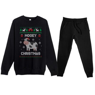 Mooey Christmas Cow Santa Claus Hat Ugly Christmas Funny Gift Premium Crewneck Sweatsuit Set