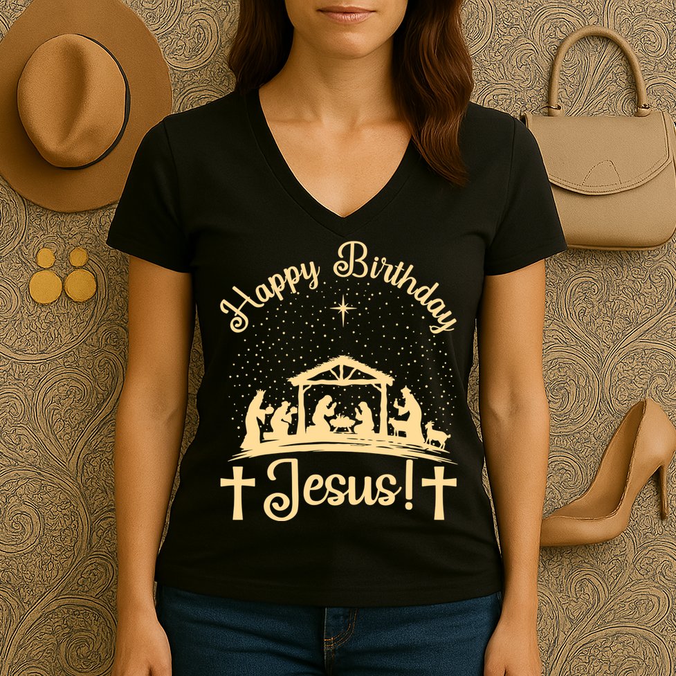 Merry Christmas Christian Happy Birthday Jesus Christ Xmas Women's V-Neck T-Shirt