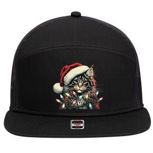 Maine Coon Cat Chew Christmas Light Xmas Holiday Funny Cute 7 Panel Mesh Trucker Snapback Hat