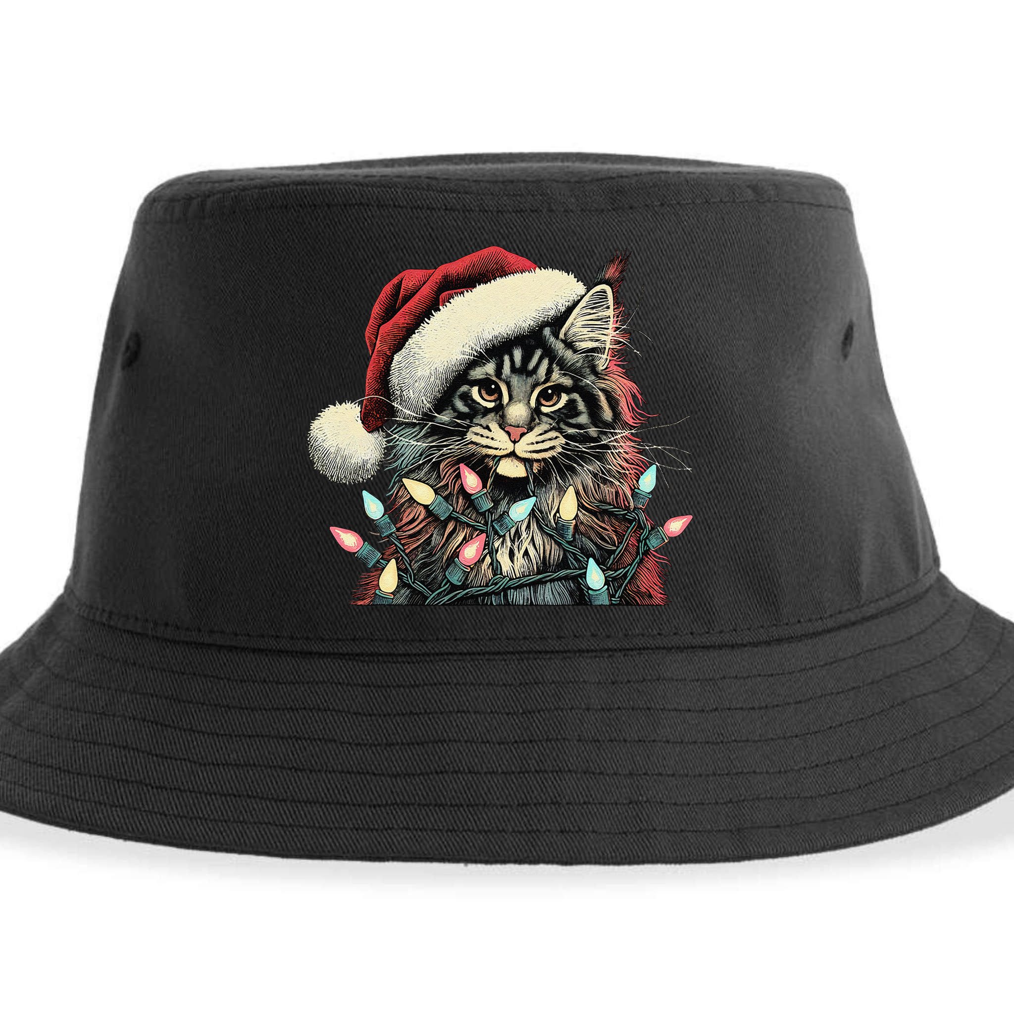 Maine Coon Cat Chew Christmas Light Xmas Holiday Funny Cute Sustainable Bucket Hat