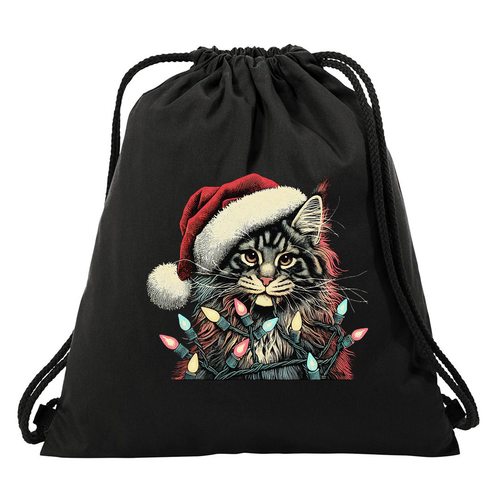 Maine Coon Cat Chew Christmas Light Xmas Holiday Funny Cute Drawstring Bag