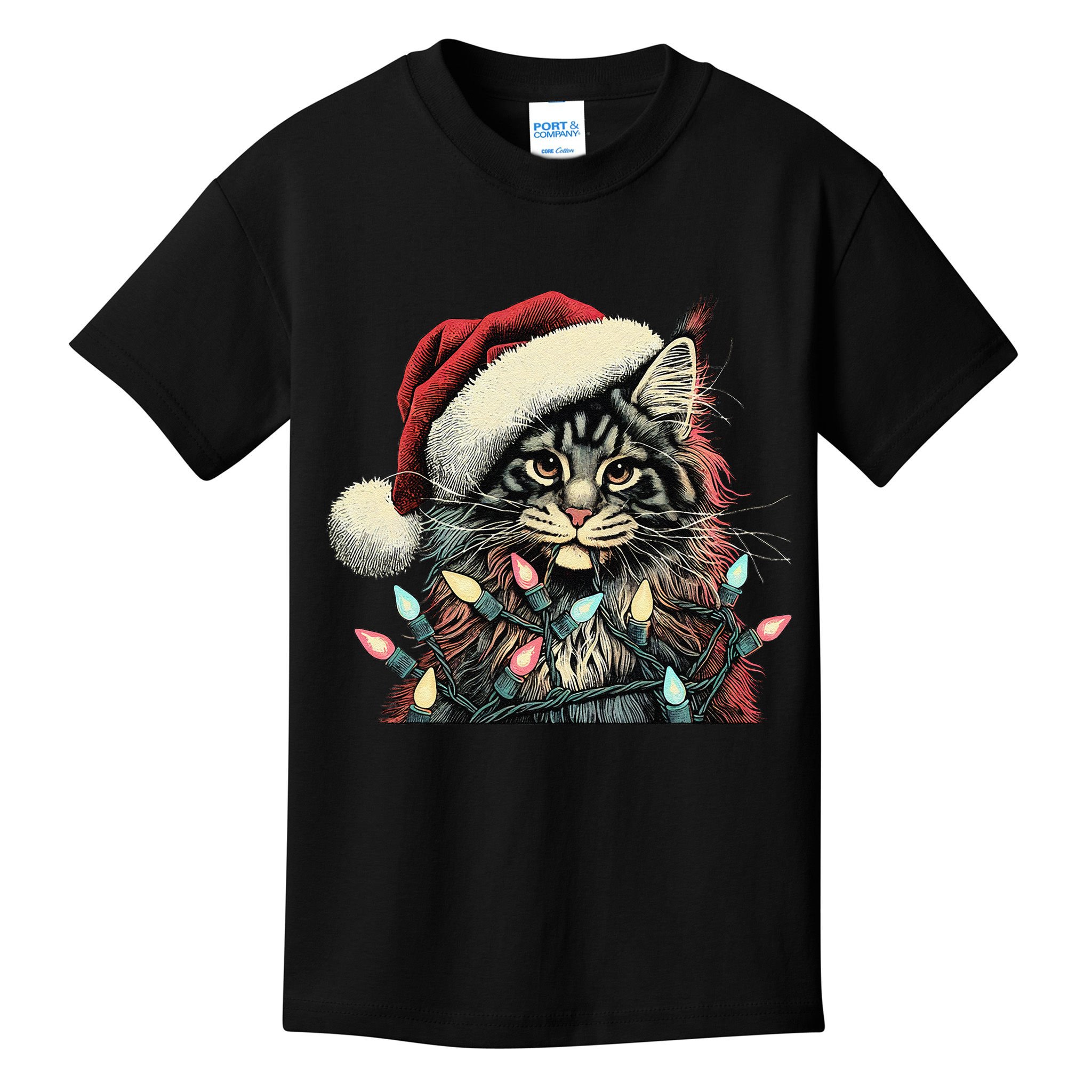 Maine Coon Cat Chew Christmas Light Xmas Holiday Funny Cute Kids T-Shirt