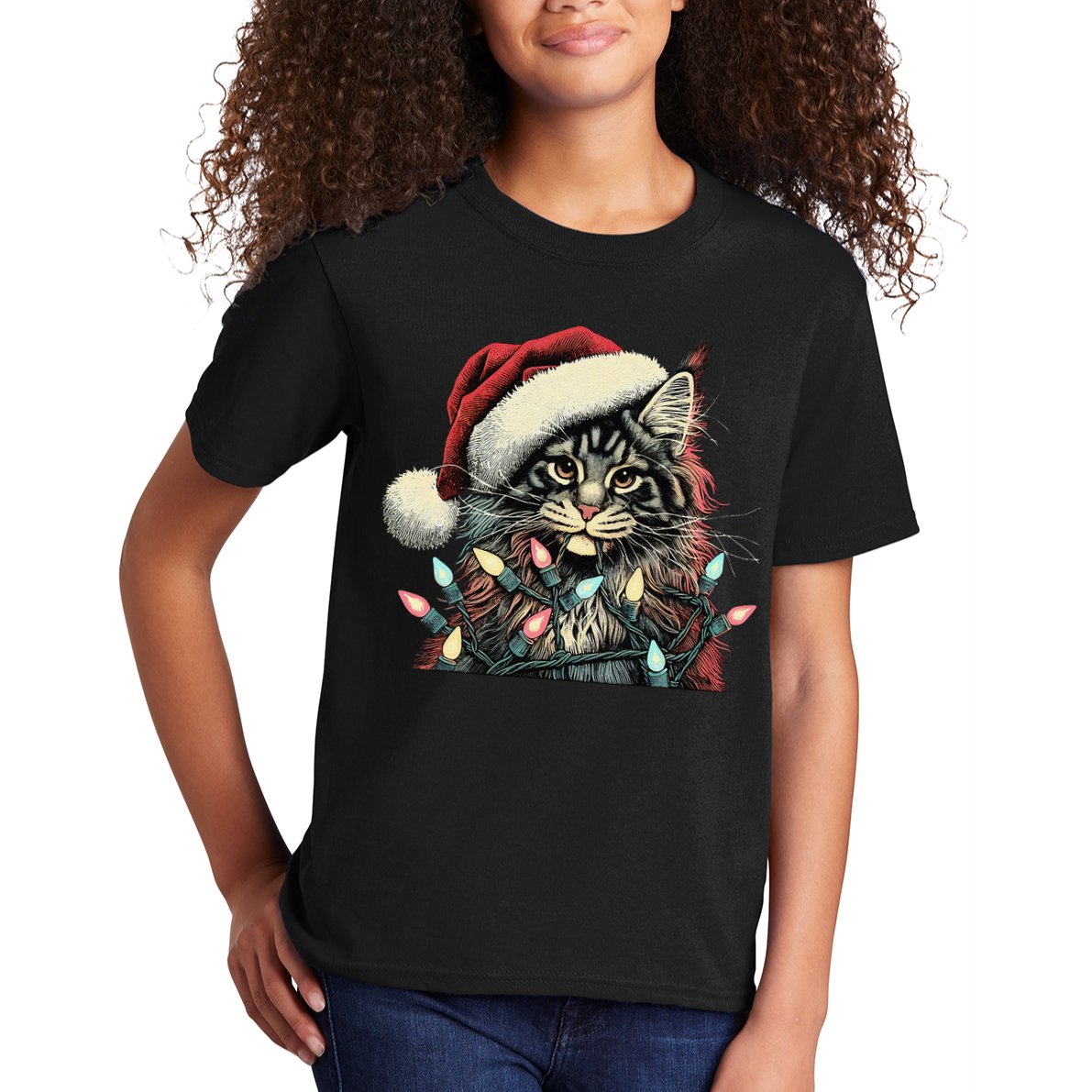 Maine Coon Cat Chew Christmas Light Xmas Holiday Funny Cute Kids T-Shirt