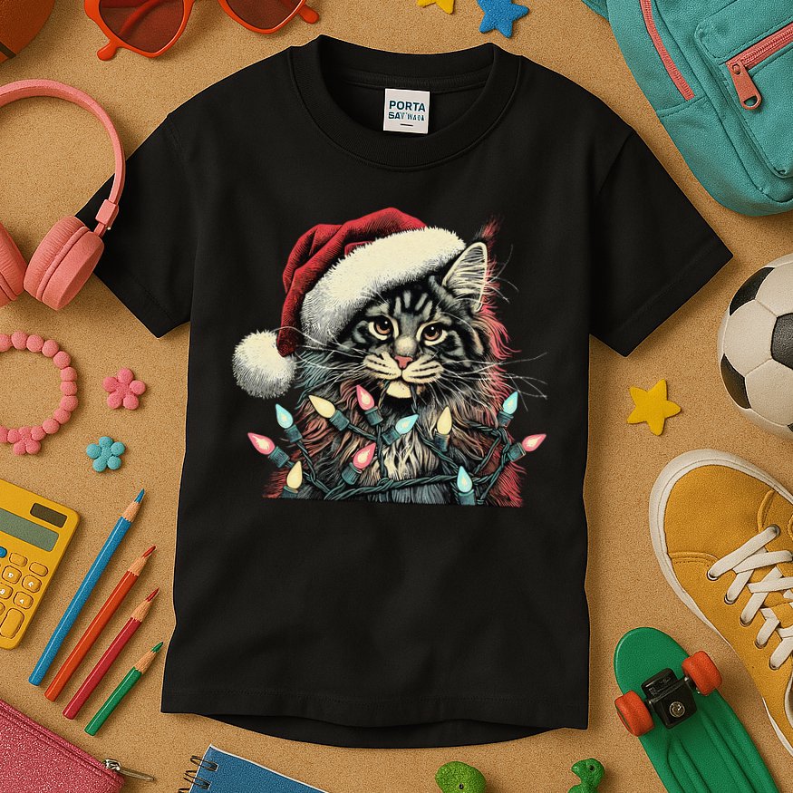 Maine Coon Cat Chew Christmas Light Xmas Holiday Funny Cute Kids T-Shirt