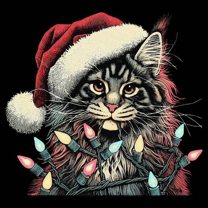 Maine Coon Cat Chew Christmas Light Xmas Holiday Funny Cute Kids T-Shirt