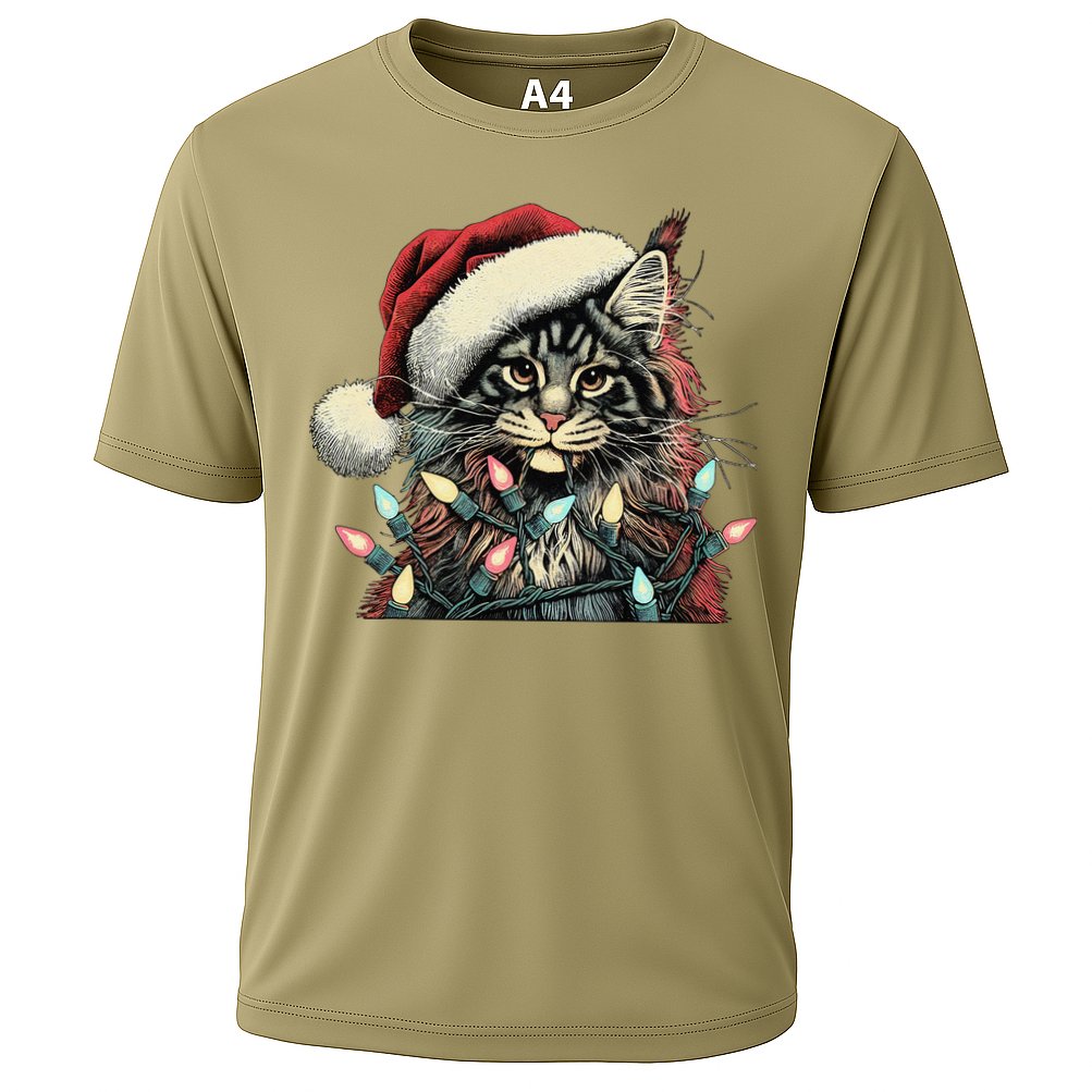 Maine Coon Cat Chew Christmas Light Xmas Holiday Funny Cute Cooling Performance Crew T-Shirt