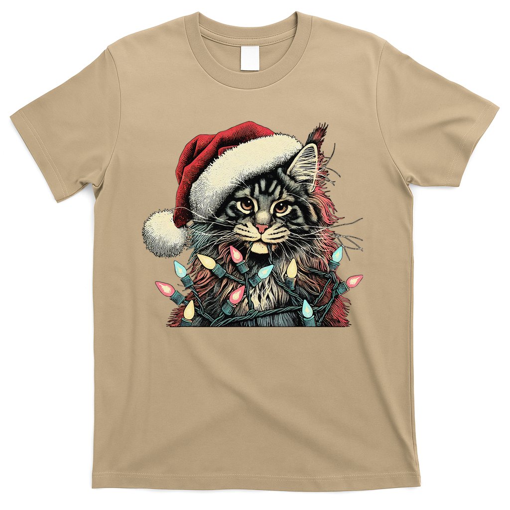 Maine Coon Cat Chew Christmas Light Xmas Holiday Funny Cute T-Shirt