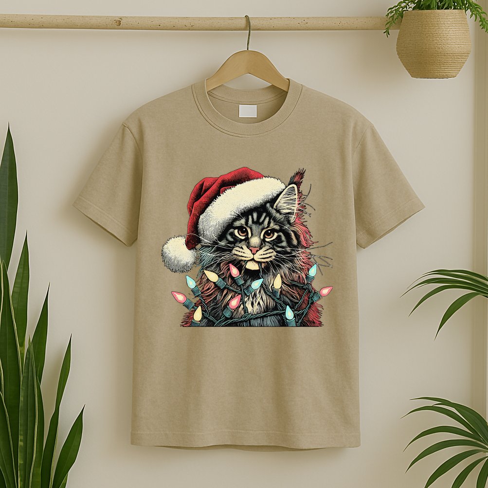 Maine Coon Cat Chew Christmas Light Xmas Holiday Funny Cute T-Shirt