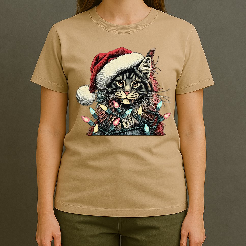 Maine Coon Cat Chew Christmas Light Xmas Holiday Funny Cute T-Shirt