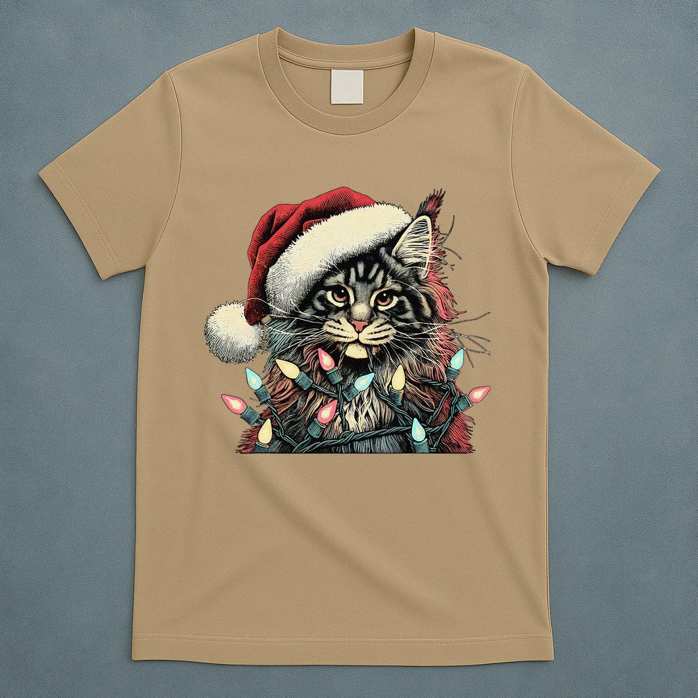 Maine Coon Cat Chew Christmas Light Xmas Holiday Funny Cute T-Shirt
