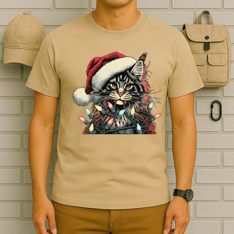 Maine Coon Cat Chew Christmas Light Xmas Holiday Funny Cute T-Shirt