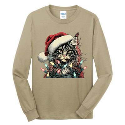 Maine Coon Cat Chew Christmas Light Xmas Holiday Funny Cute Tall Long Sleeve T-Shirt